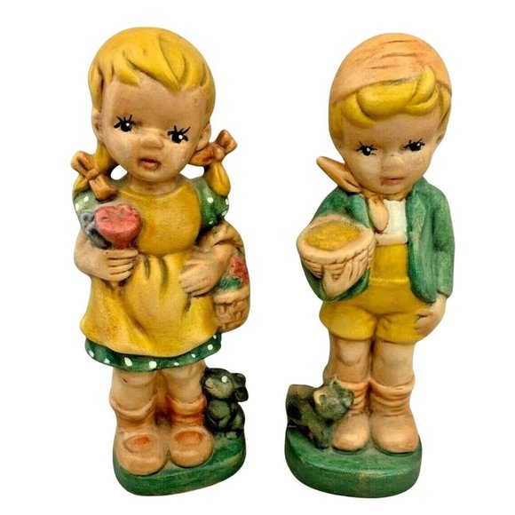 Boy and Girl Ceramic Figurines w/ Pig & Bunny Rabbit 8" Tall Hollow - Picture 1 of 9